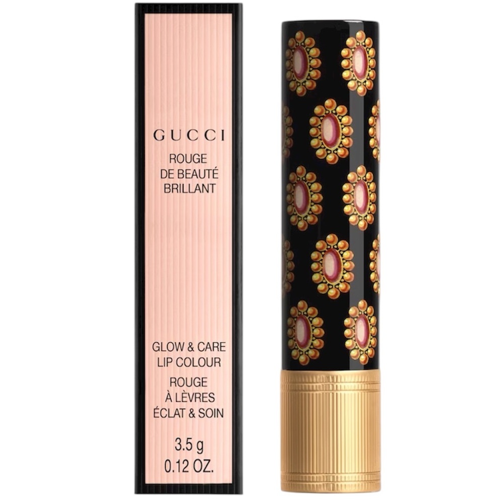 Gucci Rouge de Beauté Brillant Glow Lipstick & Gucci Gold GG Monogram Mirror NIB - Picture 2 of 16